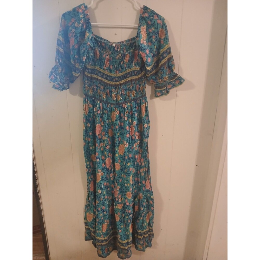 Blue Floral Size L Smocked Maxi Dress Puff Sleeve Square Neck Boho Cottagecore